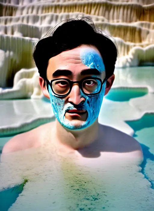 Image similar to Kodak Portra 400, 8K, soft light, volumetric lighting, highly detailed, portrait photo of a Filthy Frank by WLOP, the face emerges from a Pamukkale, thermal waters flowing down white travertine terraces with lotus flowers, inspired by Ophelia paint , blue shirt and hair are intricate with highly detailed realistic beautiful flowers , Realistic, Refined, Highly Detailed, ethereal lighting colors scheme, outdoor fine art photography, Hyper realistic, photo realistic, masterpiece