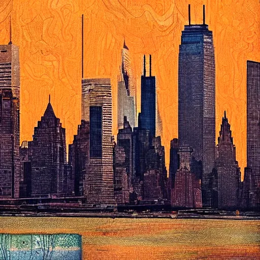 Prompt: mixed media photo of Art Nouveau skyline of New York City hudson bay collage at golden hour bright grainy