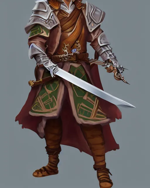 Image similar to a concept art of a D&D character, holding a small sword made by Donutello, white background