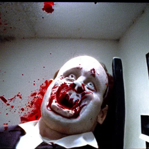 Prompt: filmic extreme wide shot dutch angle movie still 35mm film color photograph of a doctor with a missing head, his neck is spurting blood, in the style of an realistic grotesque horror film