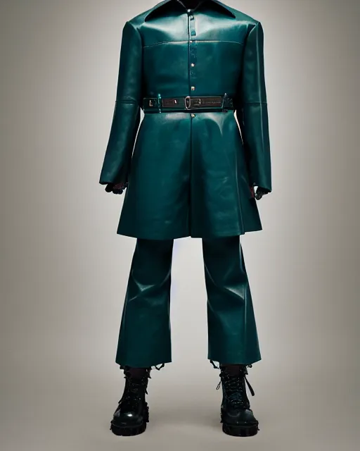 Prompt: an award - winning editorial photo of a teal extremely baggy cropped short ancient medieval designer menswear leather police jacket with an oversized large collar and baggy bootcut trousers designed by alexander mcqueen, 4 k, studio lighting, wide angle lens