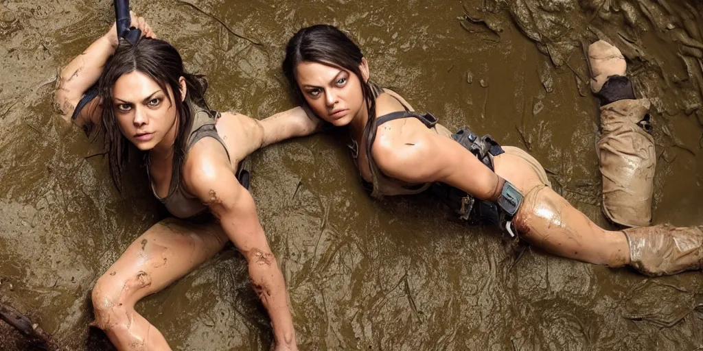 Prompt: Mila Kunis as a muscled Lara Croft sliding down a muddy slope towards an ancient sewer