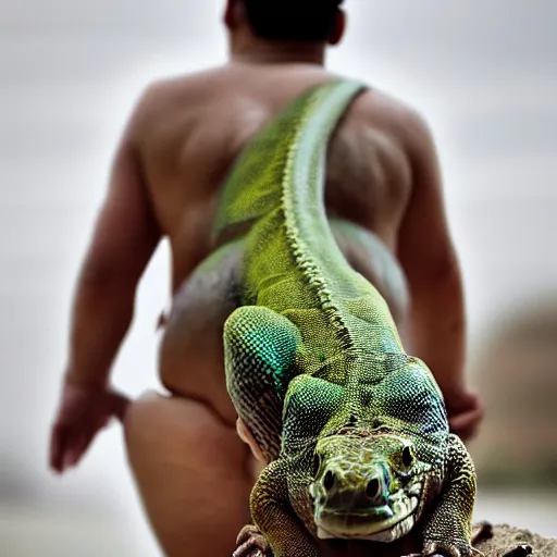 Prompt: a man wearing a huge thick lizard tail on his rear