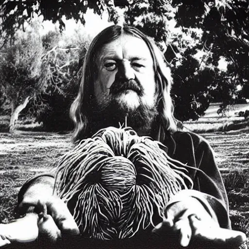 Image similar to robert wyatt sitting amongst big hairy spiders, robert wyatt album art style