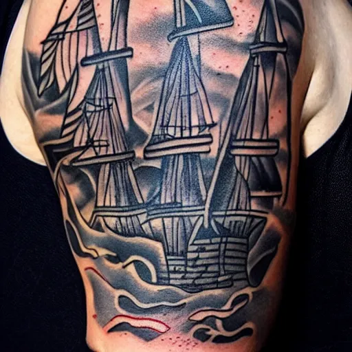 Prompt: A pirate ship tattoo design in the design of Dmitriy Samohin