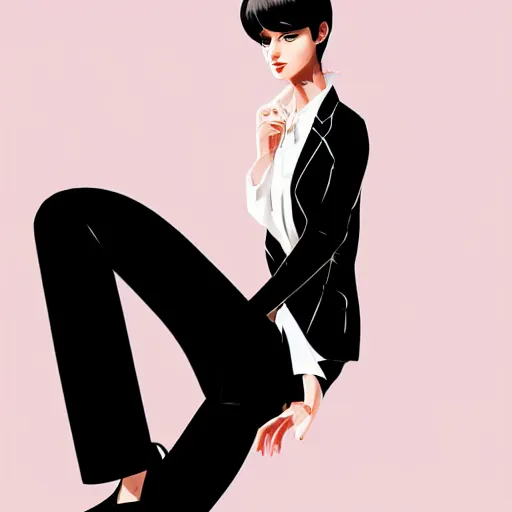 Image similar to slim girl in tuxedo with short black hair, elegant, 2d, ultra highly detailed, digital painting, smooth, sharp focus, artstation, art by Ilya Kuvshinov