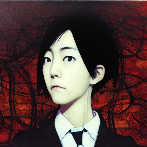 Image similar to yoshitaka amano blurred and dreamy realistic three quarter angle portrait of a young woman with short hair and black eyes wearing office suit with tie, junji ito abstract patterns in the background, satoshi kon anime, noisy film grain effect, highly detailed, renaissance oil painting, weird portrait angle, blurred lost edges