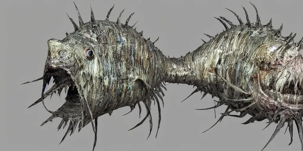 Image similar to angler fish, stylized layered textures, long flowing fins, bioluminescent orbs, 3 d render, substance painter, glowing eye, intricate, highly detailed, lifelike, smooth, sharp focus, art by h r giger