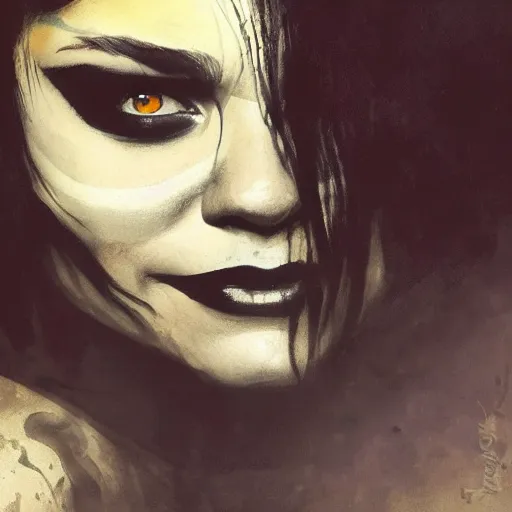 Image similar to beautiful portrait of vanessa hudgens as death from sandman, smiling, by cedric peyravernay, alphonse mucha, by jeremy mann, by lecouffe deharme, goth chic, soft lightning, eyeliner, punk rock, high detailed, 8 k