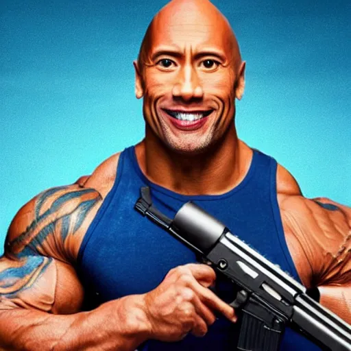 Image similar to dwayne the rock johnson, in blue onesie pajamas, holding an ak - 4 7.