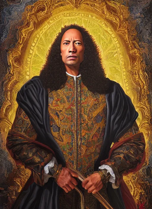 Image similar to beautiful oil painting, portrait of Dwayne the rock Johnson as Louis xiv in coronation robes 1701, Dan Mumford, dan Mumford, Dan Mumford, Alex grey, Alex grey, lsd visuals, dmt fractal patterns, entheogen, psychedelic, hallucinogen, coherent, highly detailed, ornate