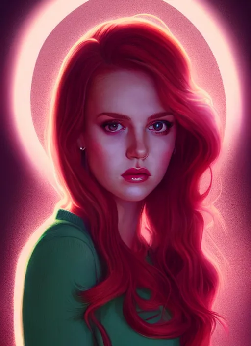 Image similar to full body portrait of teenage cheryl blossom, bangs, green eyes, sultry expression, red hair, sultry smirk, bangs and wavy hair, pink skirt, intricate, elegant, glowing lights, highly detailed, digital painting, artstation, concept art, smooth, sharp focus, illustration, art by wlop, mars ravelo and greg rutkowski