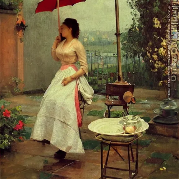 Image similar to a gorgeous housewife putting dishes on a table in the backyard, the table has a parasol, rainy scene, 1 9 5 0's, medium symmetry, by ilya repin, extreme detail, 8 k, intricate abstract, photorealistic