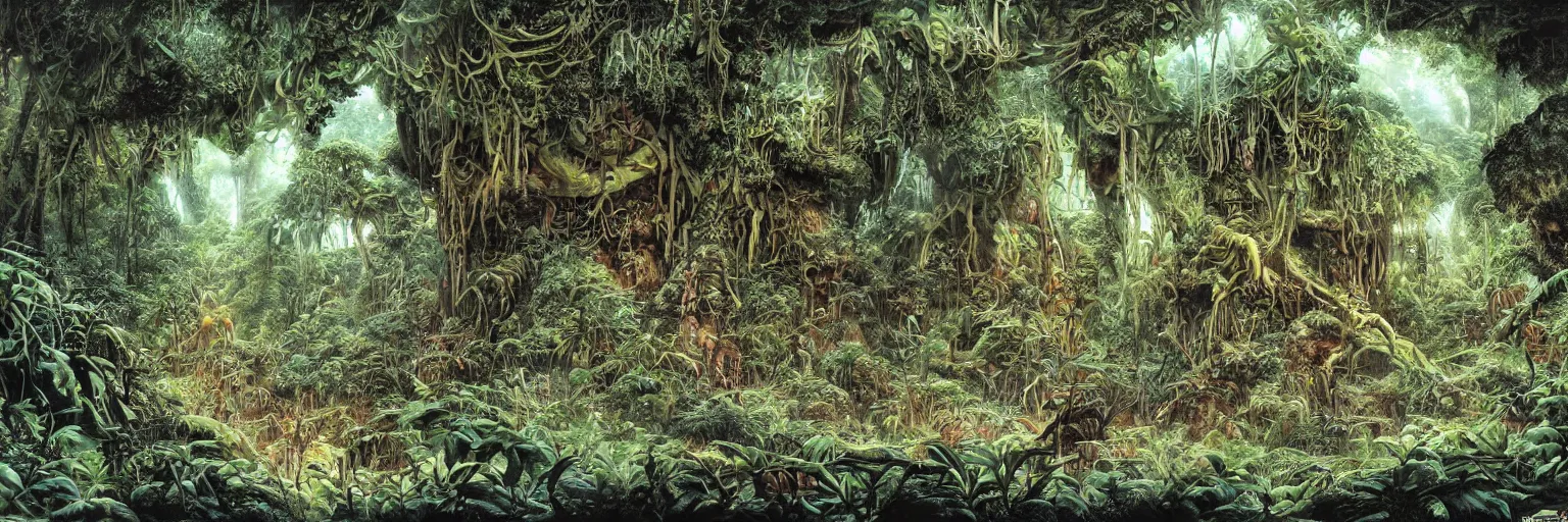 Image similar to underground cave on an exotic alien planet with a jungle canopy of antler trees in the background, leafy overgrowth, insectile weeds, by ian miller, rodney matthews and al feldstein, photorealistic render