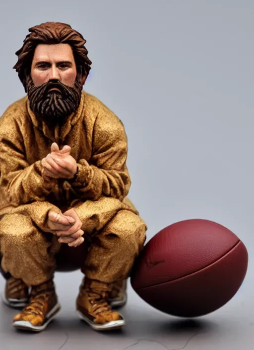 Image similar to 80mm resin detailed miniature of a bearded man, short hair, sitting on a football, pouting, Product Introduction Photos, 4K, Full body,