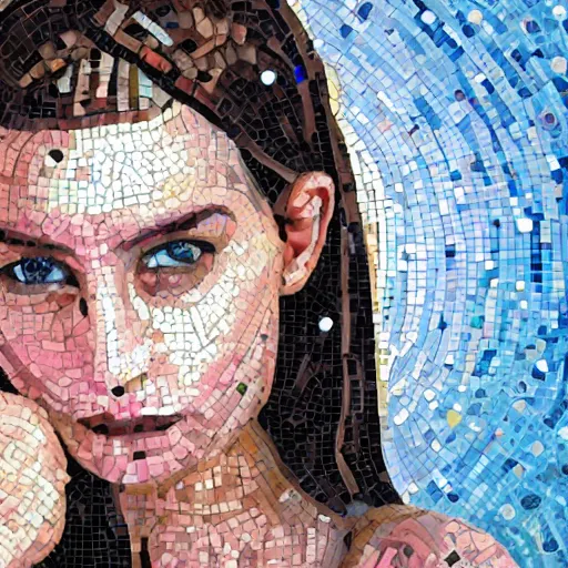 Prompt: portrait mosaic of a beautiful cute girl with robot ears and eyes, 4k, intricate details, digital, Emma Biggs