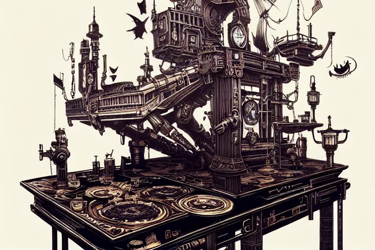 Image similar to majestic steampunk table, furniture, high details, bold line art, by vincent di fate and joe fenton, inking, etching, screen print, masterpiece, trending on artstation, sharp, high contrast, hyper - detailed,, hd, 4 k, 8 k