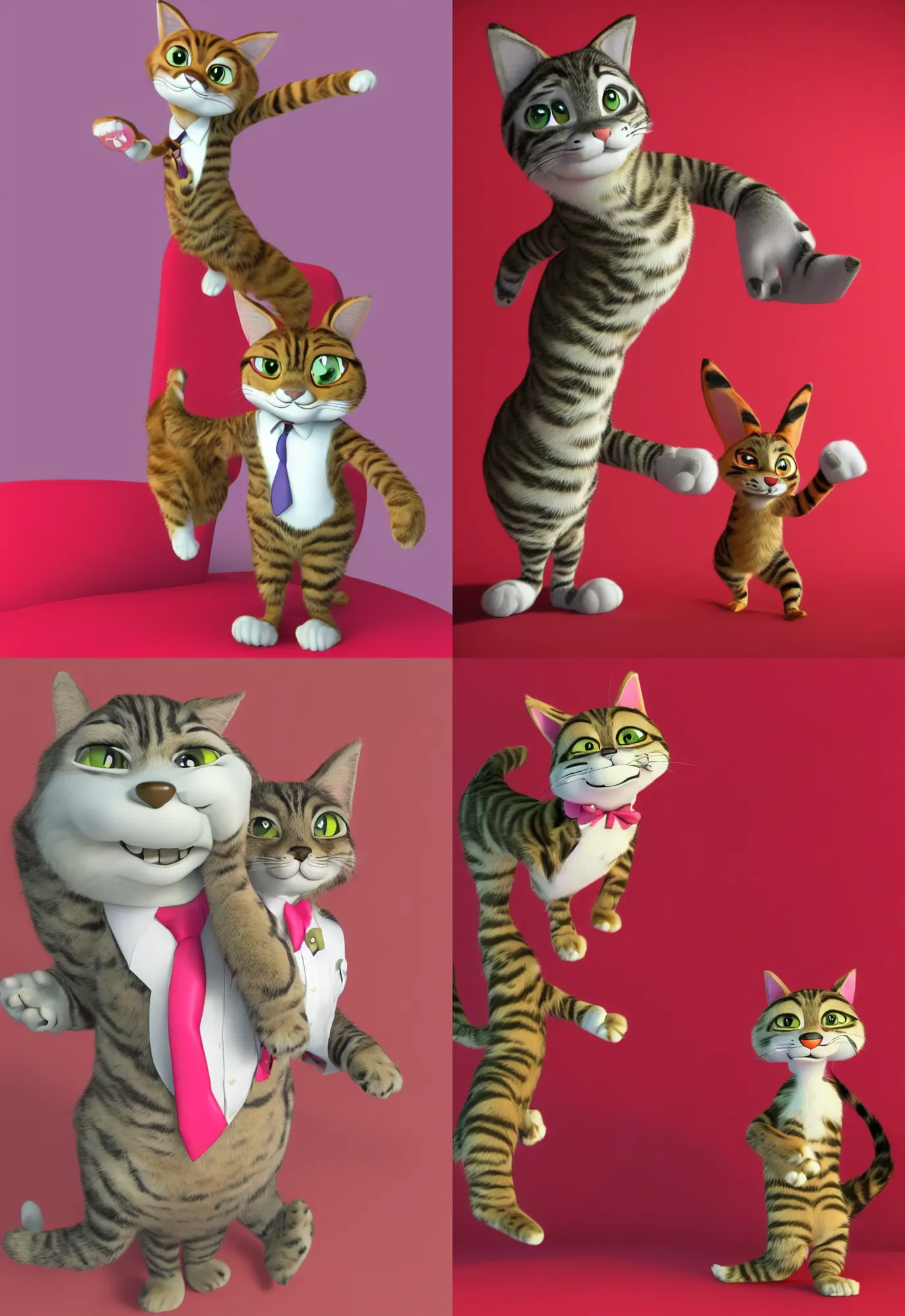 Prompt: 3d render , anthropomorphic male tabby cat,wearing a pink tux ,standing in a red room, with his arms foulded,style of Zootopia, 8K HD Resolution, High quality image