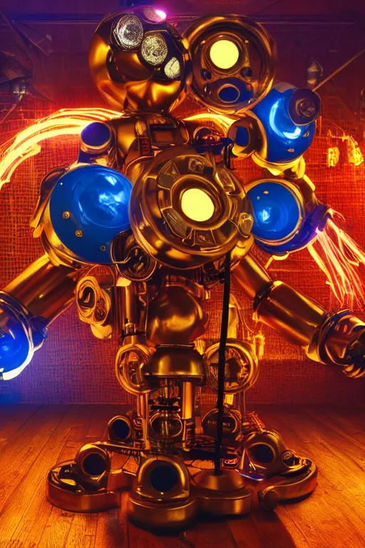 Prompt: portrait photo of a giant huge golden and blue metal humanoid steampunk robot singer with headphones and big gears and tubes, in front is a big red glowing microphone on a tripod, eyes are glowing red lightbulbs, shiny crisp finish, 3 d render, 8 k, insaneley detailed, fluorescent colors, background is multicolored lasershow