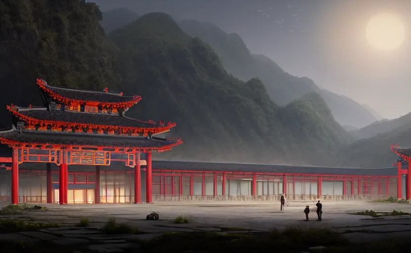 Image similar to exterior shot of utopian train station on in the middle of an ancient chinese temple hill with cinematic lighting by peter zumthor and renzo piano, darek zabrocki and greg ruthkowski, simon stalenhag, cinematic, holy place, paradise, scifi, futurism, atmospheric, concept art, artstation, trending on artstation