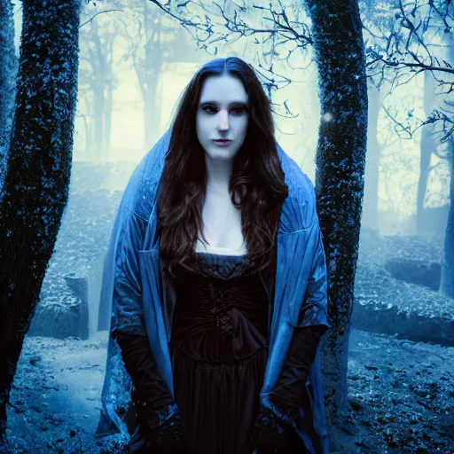 Image similar to charismatic regal aristocratic brunette female vampire, portrait, at highgate cemetery, atmospheric lighting, painted, intricate, mist, cold, volumetric lighting, beautiful, blue tint, moon light, sharp focus, ultra detailed, by leesha hannigan, ross tran, thierry doizon, kai carpenter, ignacio fernandez rios