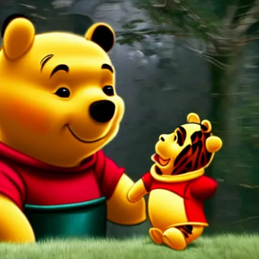 Image similar to film still photo portrait of xi jinping cosplaying as winnie the pooh, realistic, hyperrealistic, 8 k resolution, hd quality, very detailed, highly detailed, intricate details, real life, real world, trending on artstation, digital art, really realistic, very realistic, headshot, head in frame, photograph, portrait