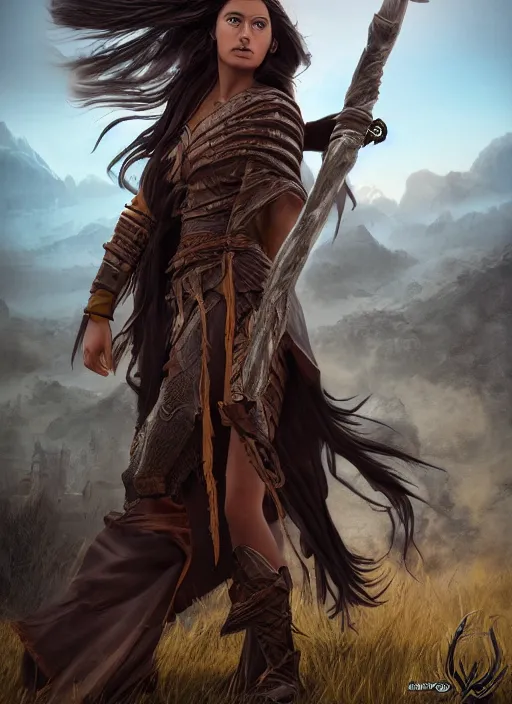 Image similar to An epic fantasy comic book style portrait painting of a warrior woman with a long brown hair wearing a cloak that waves in the wind as she holds onto a stave in front of an epic fantasy landscape, unreal 5, DAZ, hyperrealistic, octane render, cosplay, RPG portrait, dynamic lighting