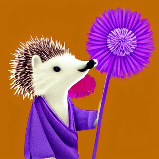 Image similar to adorable hedgehog in a kimono, holding a purple dandelion, art, digital art