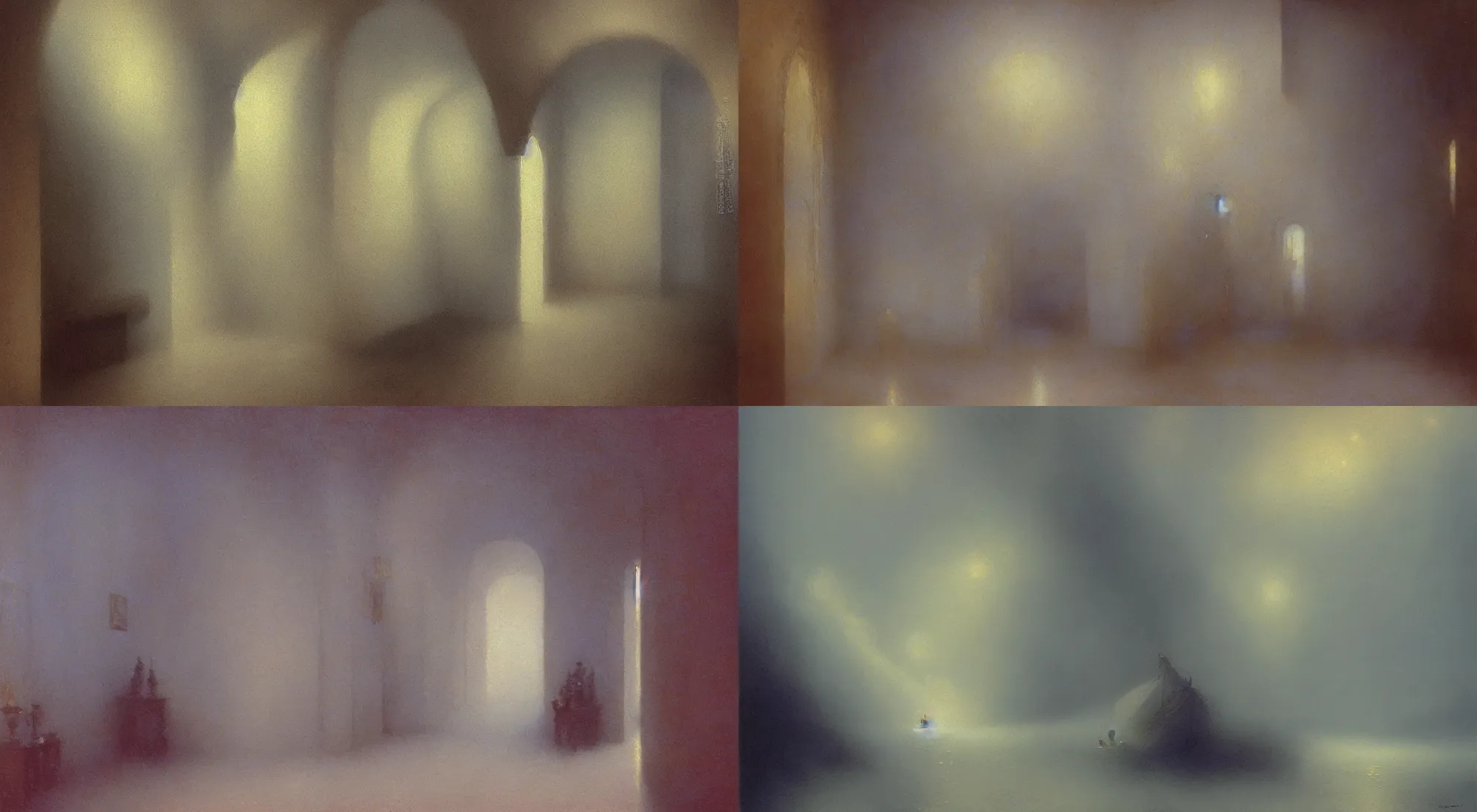 Prompt: A highly detailed hallway liminal space by Ivan Aivazovsky and Nicholas Roerich, impressionistic brushwork