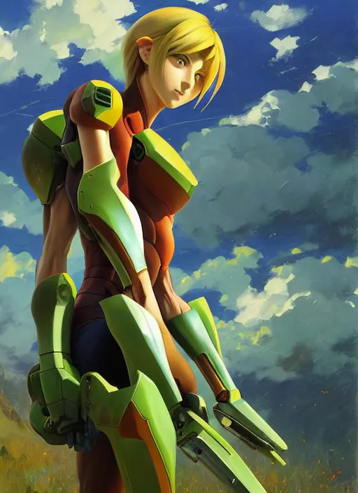 Prompt: Makoto Shinkai painting of Samus from Metroid Prime, countryside, calm, fantasy character portrait, dynamic pose, above view, sunny day, thunder clouds in the sky, artwork by Jeremy Lipkin and Giuseppe Dangelico Pino and Michael Garmash and Rob Rey, very coherent asymmetrical artwork, sharp edges, perfect face, simple form, 100mm