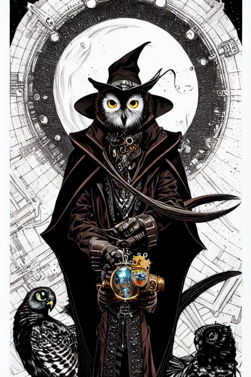 Image similar to a majestic steampunk alchemists cloaked wizard holding his pet owl, high details, bold line art, by vincent di fate and joe fenton, inking, etching, screen print, masterpiece, trending on artstation, sharp, high contrast, hyper - detailed,, hd, 4 k, 8 k