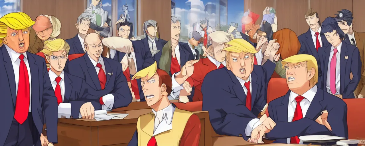 Prompt: donald trump being judged in phoenix wright, ace attorney, 4 k, high quality