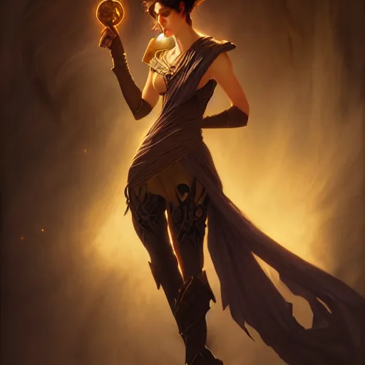 Prompt: female Planeswalker Magic the Gathering, dark fantasy, medium shot, intricate, elegant, highly detailed, digital painting, volumetric light, artstation, concept art, smooth, sharp focus, illustration, art by Gil Elvgren and Greg Rutkowski and Alphonse Mucha