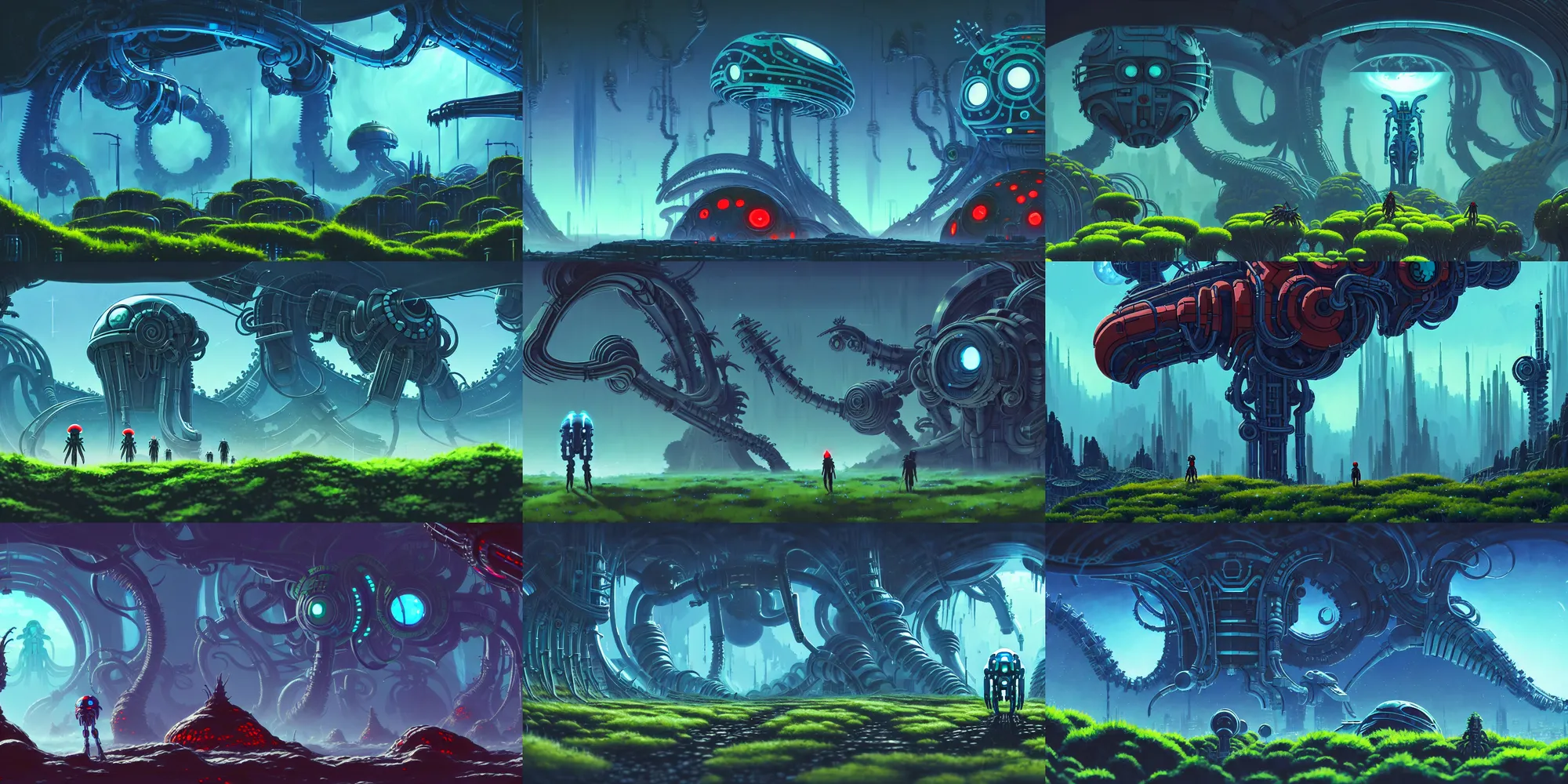 Prompt: game asset ori parallax alien scifi mechanical environment, studio ghibli, futuristic h. r giger, in gouache detailed paintings, props, stylized, 2 d sprites, kitbash, nature, organic, ivy, arcane, overwatch, blue and red, green color scheme, 8 k, close up
