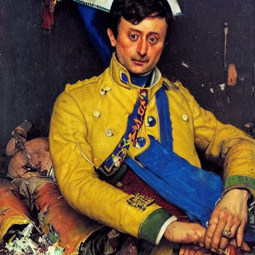 Image similar to Volodymyr Zelensky at war, dressed like Napoleon Bonaparte, sitting on the ground between dead corpses and crying, holding a half burnt blue and yellow flag of Ukraine, in the style of Norman Rockwell