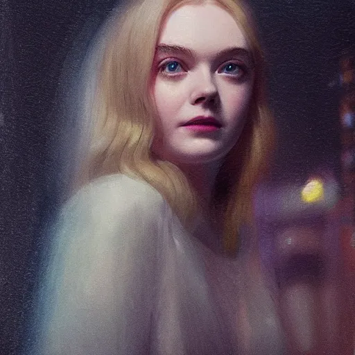 Image similar to Elle Fanning at night in the world of John Sargent, stormy weather, extremely detailed masterpiece, oil on canvas, low-key neon lighting, artstation, Blade Runner 2049, Roger Deakin’s cinematography, by J. C. Leyendecker and Peter Paul Rubens,