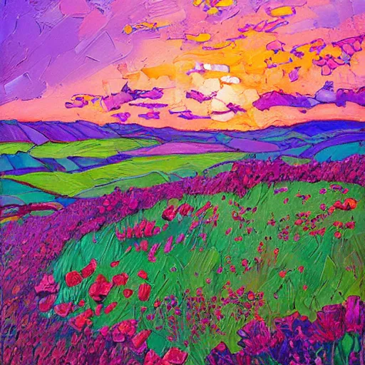 Prompt: a field of poppy flowers and lilac in front of rolling hills during sunset, art by erin hanson, oil painting, muted colors