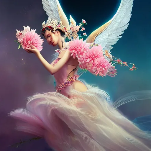 Image similar to expressive full body photo, of beautiful angel, smooth glowing skin, ornate headpiece made from pink flowers, glamour shot, by yoshitaka amano, by greg rutkowski, by jeremyg lipkinng, by artgerm, digital art, octane render