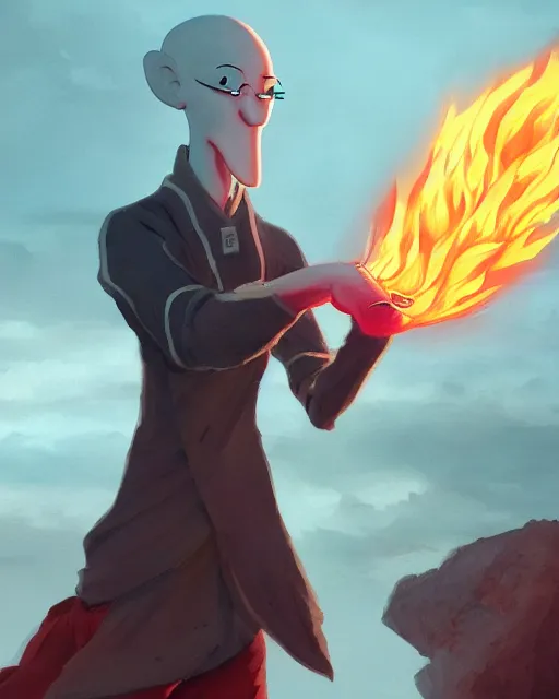 Prompt: [ [ squidward ] ] wearing fire nation clothing and practicing firebending outside at susnset, [ [ [ [ [ [ greg rutkowski ] ] ] ] ] ]