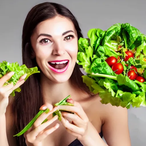 Prompt: happy woman eating salad, stock photograph, studio lighting, 4k, beautiful symmetric face, beautiful gazing eyes