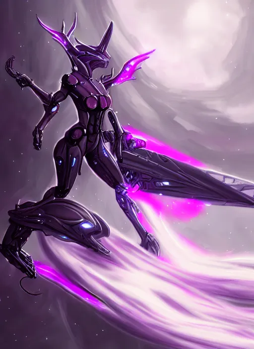 Image similar to cinematic close shot, galactic sized proportional stunning beautiful hot female warframe, sleek mecha goddess dragon head, metal ears, led purple eyes, smooth fuschia skin, smooth silver armor, floating in space, holding a galaxy, epic proportions, epic size, epic detail, furry art, dragon art, giantess art, warframe fanart, furaffinity, octane