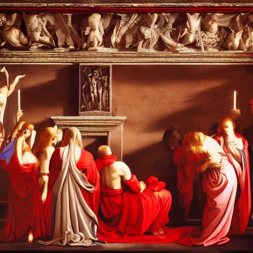 Image similar to the goddess of blood in silk robes of blood, cultists watching, red hoods, candle lights, renaissance, baroque, gothic, high detail, dark lighting, atmospheric, extremely detailed, intricate, smooth, da vinci, michelangelo, caravaggio, 8 k