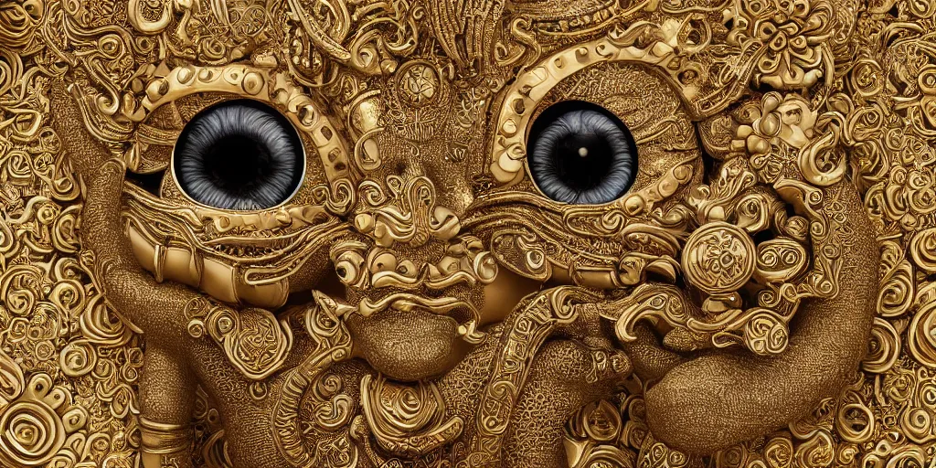 Image similar to ancient javanese hello kitty hybrid with compound eyes portrait photograph, in the style of ancient javanese, insanely detailed and intricate, golden ratio, realistic 3D, hyper-realistic, super detailed, realistic octane render, 8K, fashion photography, hard light