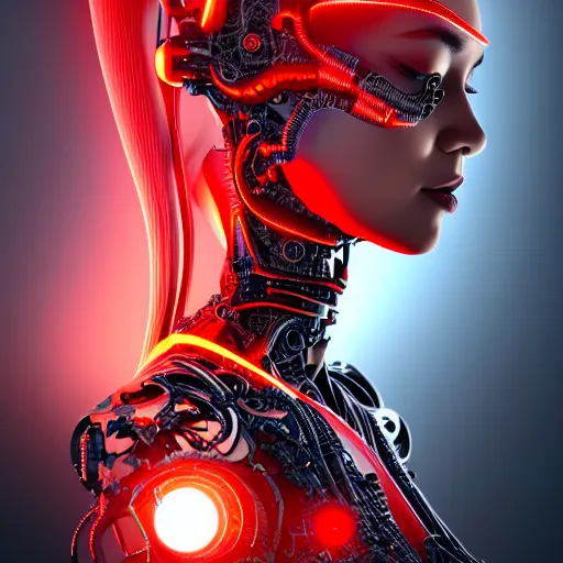 Image similar to ultra realist intricate detailed digital art of a single attractive cyborg female, red sky, full figure in dress, curvy, black scales on face and cyborg tech, symmetry accurate features, very intricate details, focus, high resolution, 4k, photo realistic, artstyle Alex Ries and Hiraku Tanaka, award winning