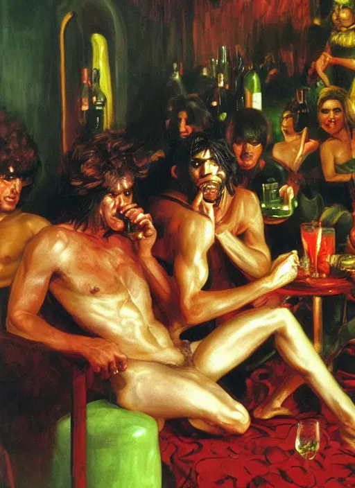 Prompt: glam rocker drinking brutal and raw wine bacchanals with his friends, inside a green room with red lights, by boris vallejo, alberto mielgo, joaquin sorolla, greek style