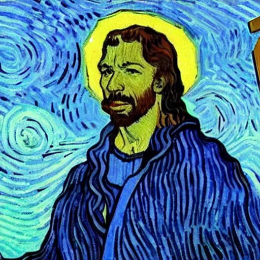 Prompt: Ja-rule appears as Jesus, crucified on cross, painting by Van Gogh