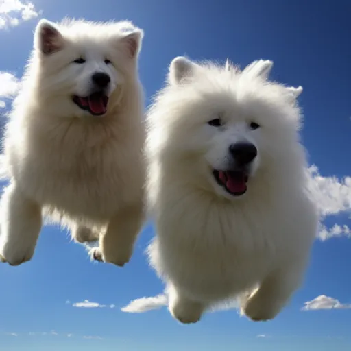 Image similar to two samoyeds playing together in the clouds, high up in the sky