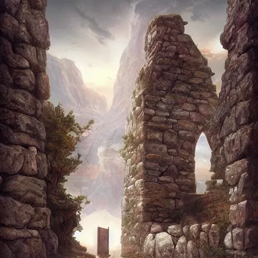 Image similar to beautiful matte painting of the grand ancient stone door, fantasy, sharp focus