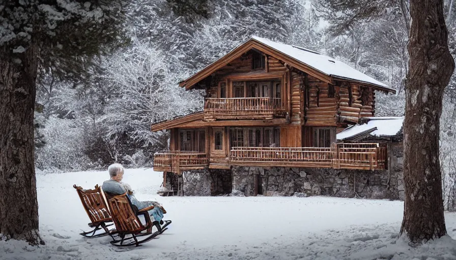 Image similar to old couple in rocking chairs living in old wooden chalet built in snowy mountains, snowing, trees, hyperdetailed, artstation, cgsociety, 8 k