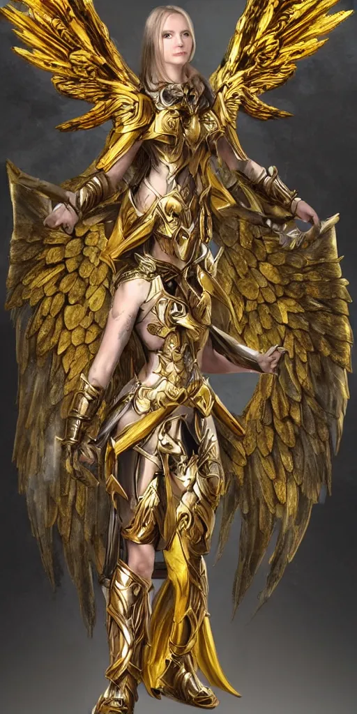 Prompt: fantasy angel warrior in armor with bright gold wings, epic flying pose, full length portrait, art, paint, fine details